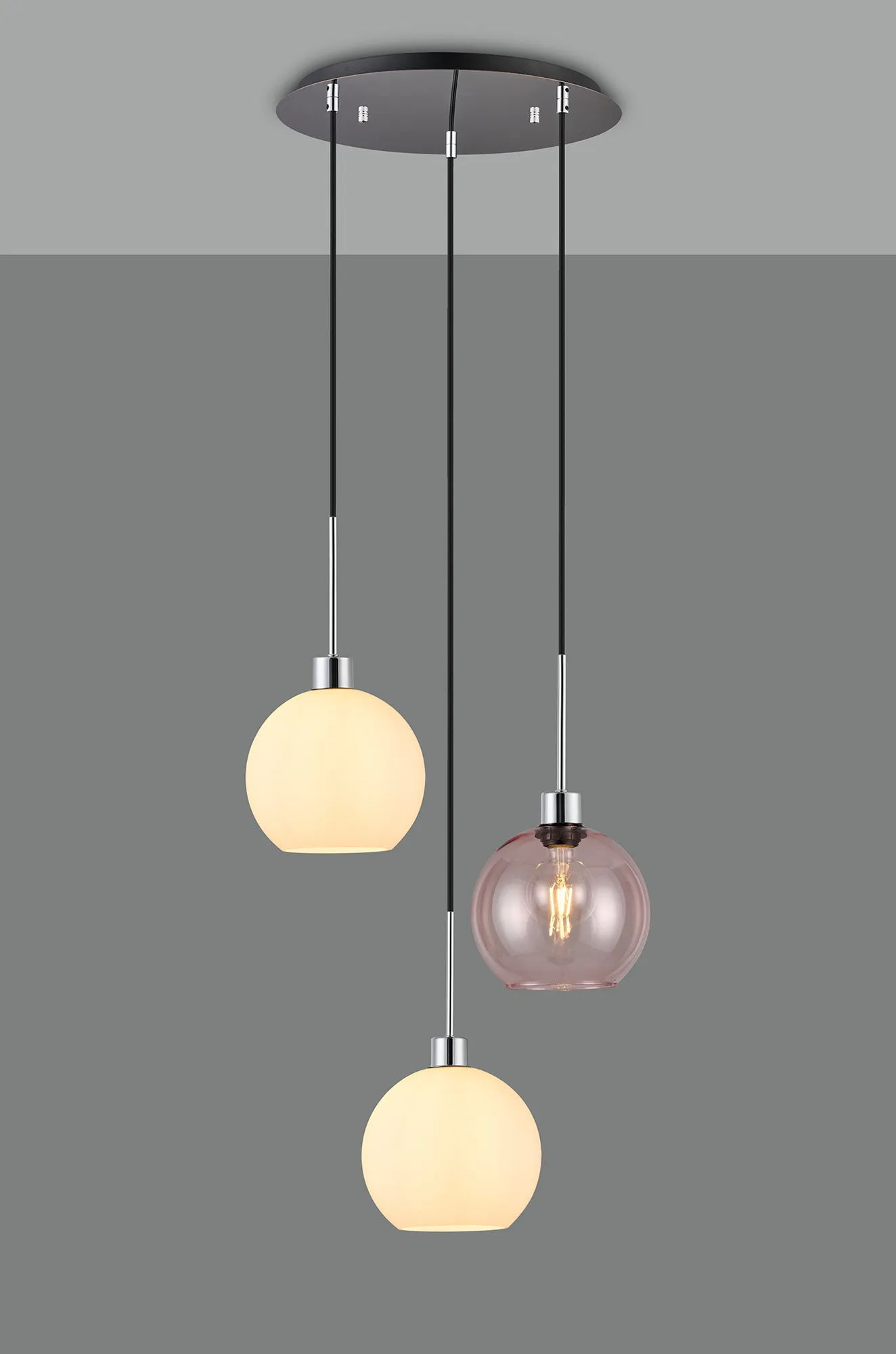 Lori 40cm Round Pendant, 3 Light Adjustable E27, Polished Chrome/Opal/Pink Open Mouth Round Globe Shades DK1275  Deco Lori Polished Chrome